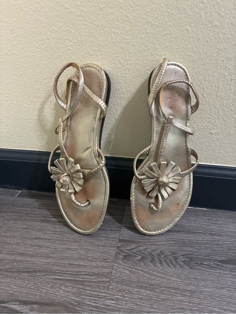 Cole Haan Gold Floral T-Strap Sandals
